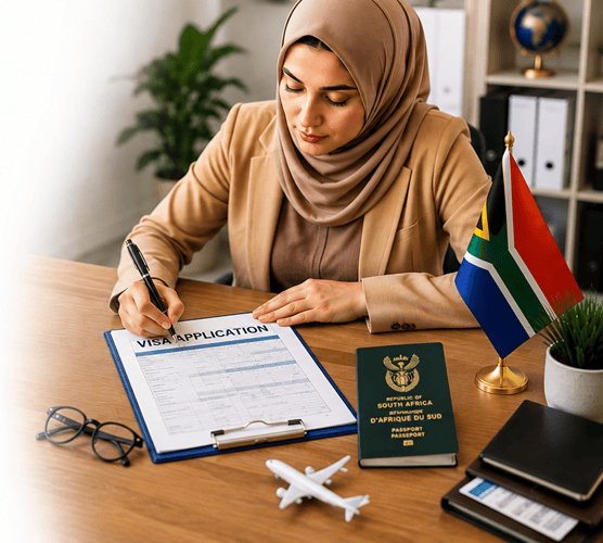 Woman completing a visa application with a South African passport and flag